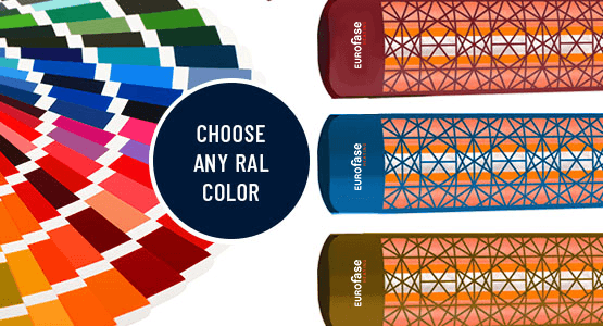euroase heaters in three ral colors with a fan of color swatches