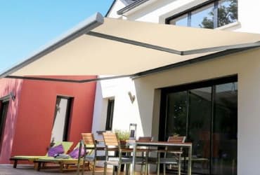 Patio Dining set under a commercial awning